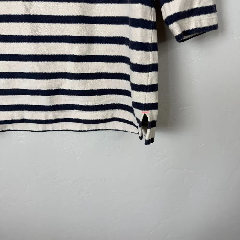 J.Crew Women's M Striped Boatneck Top Cream Navy 3/4 Sleeve Neon Pink Trim Knit